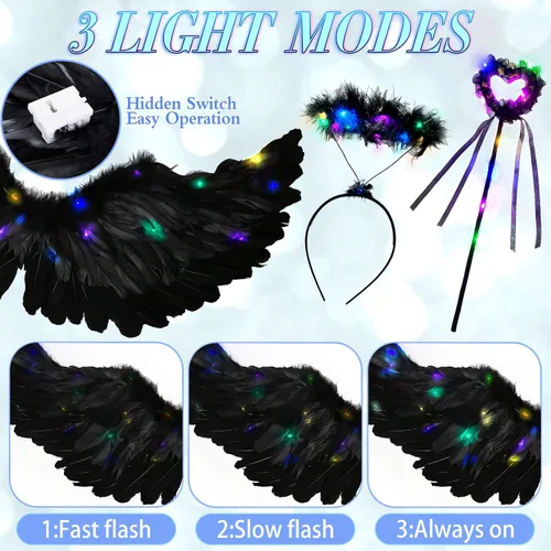 Vista 4 de Goenb Alas de ángel iluminadas, disfraz de ángel para mujeres, adultos, niñas, niños, alas de ángel y accesorios de halo para fiesta de Halloween