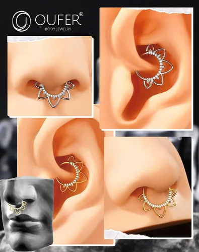 Vista 7 de OUFER Joyería para Piercing Daith, Aretes Daith de Acero Inoxidable 316L, Arete de Aro Daith con Diseño de CZ Transparente 16G, Joyería