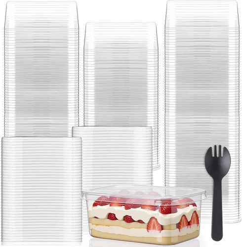 Vista 8 de Tanlade - Juego de 100 tazas de postre transparentes de 8 onzas con tapas y tenedores, tazas de plástico rectangulares desechables parfait
