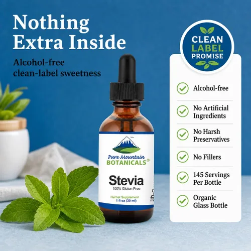 Vista 3 de Pure Mountain Botanicals Liquid Stevia Drops – Extracto de hoja de stevia edulcorante natural – Sin azúcar, Keto bajo en carbohidratos, vegano, sin