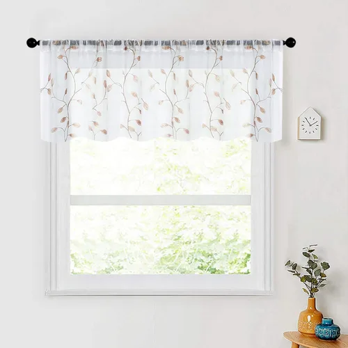 Vista 10 de MRTREES Cenefa de cortina transparente de Navidad, 2 paneles de cortinas bordadas con hojas pequeñas de 54 x 16 pulgadas, bolsillo para barra
