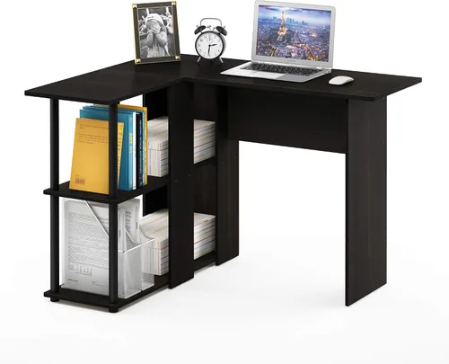 Vista 20 de Furinno Escritorio clásico, escritorio para juegos en forma de L de 40 pulgadas de ancho, escritorio para computadora, escritorio con estantes
