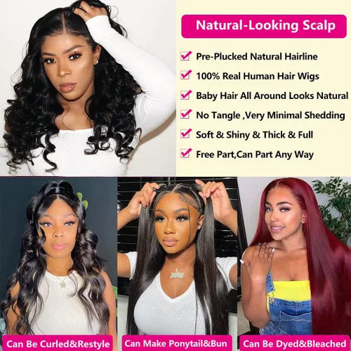 Vista 4 de premier Pelucas de encaje frontal 360 de cabello humano prearrancado ondulado con encaje 360 para mujeres negras, pelucas de cabello humano