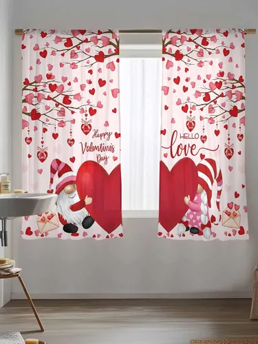 Vista 5 de Cortinas CosyBright Feliz Día de San Valentín, 63 Pulgadas de Largo, 2 Paneles, Gnomos, Cortina de Ventana Roja, Corazón de Amor, Árbol, Cortinas