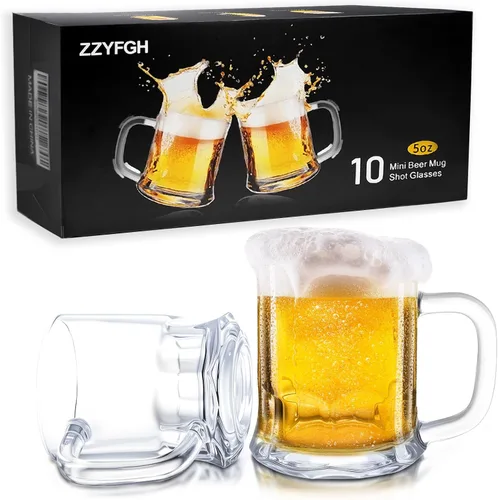 Vista 9 de ZZYFGH Paquete de 10 Mini Vasos de Chupito de Cerveza, Mini Vaso de Cerveza de Vidrio con Asa de 1.0 Onza, Vasos de Chupito para Tequila, Vodka