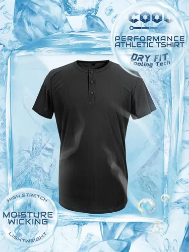 Vista 4 de Camisa Henley de ajuste seco para hombre, ropa de gimnasio, camiseta de entrenamiento de manga corta, camiseta atlética clásica y casual