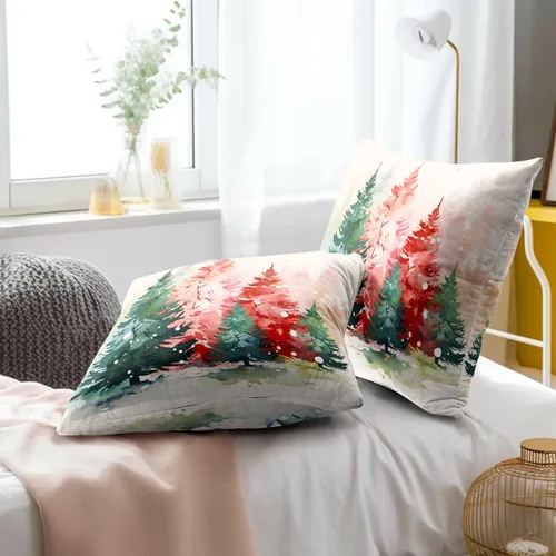 Vista 7 de Fundas de almohada de árbol de Navidad de acuarela, juego de 2 - 18x18 pulgadas, rojo verde, árboles de pino de Navidad, fundas de almohada