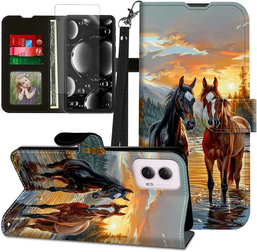 Vista 103 de Funda para Motorola Edge 2022 con protector de pantalla, soporte y tarjetero y correa para la muñeca, funda magnética para Moto Edge 2022 5G UW Lobo