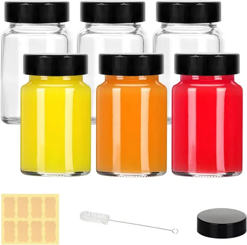 Vista 8 de Botellas pequeñas de vidrio transparente de 2 onzas con tapas, 12 botellas de boca ancha con tapas para chupitos de jengibre, jugo, poción