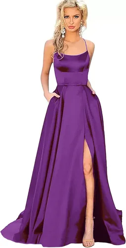 Vista 4 de NIANTIE Vestidos de cóctel para mujer 2023 con tirantes delgados, sexy, de satén, sin mangas, con vuelo, acampanado, vestido formal largo