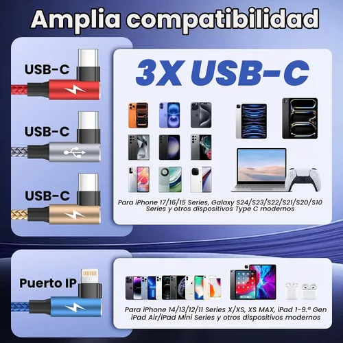 Vista 8 de Cable de ángulo recto USB A/C a USB C, cable de carga trenzado tipo C de 90 Azul_Oro_Gris_Rojo