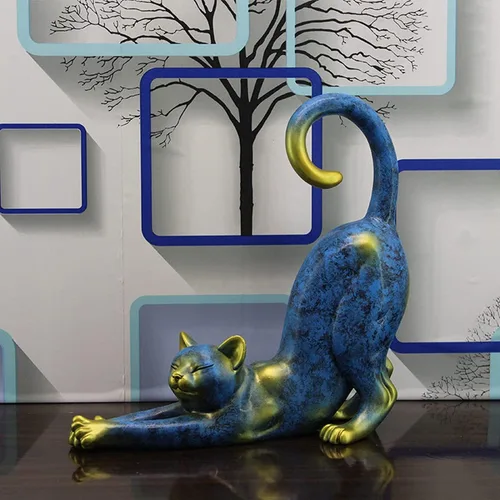 Vista 4 de Figuras de gato preciosa estatua de gato animal escultura adornos para el hogar, dormitorio, sala de estar, jardín, oficina, color azul