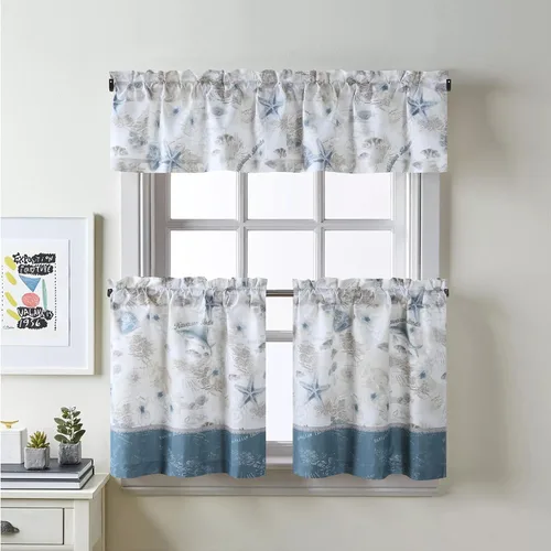 Vista 11 de Juego de 3 cortinas de cocina de tela de poliéster estampada azul aviación océano moderno impermeable blanco, cenefa de 42" de ancho x 12" de largo