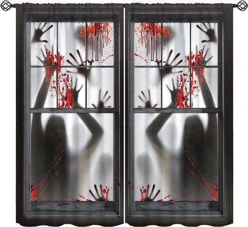 Vista 12 de Cortinas de Halloween con diseño de bosque gótico rojo, cruz gótica, Halloween, festividades, festival, tratamiento de ventana para sala de estar