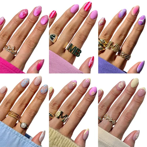 Vista 14 de Paquete de 6 uñas postizas a presión con forma de almendra media, uñas postizas acrílicas de cobertura completa con diseños de cromo rosa francés