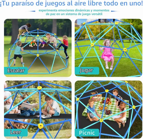 Vista 6 de Gardenature - Cúpula de escalada de 10 pies con hamaca y columpio, gimnasio de jungla al aire libre para niños, estructura de escalada de cúpula Azul