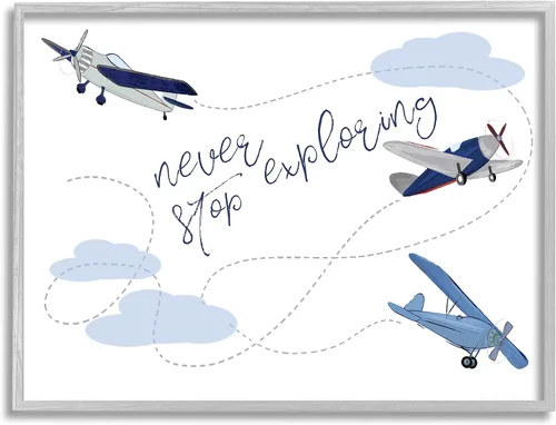 Vista 35 de Stupell Industries Never Stop Exploring Airplanes, Design by Sweet Pea Studio - Arte de pared enmarcado en blanco, 11 x 14, azul