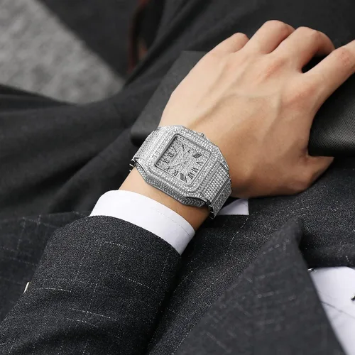 Vista 2 de Gosasa Reloj de Moda Hip Hop para Hombre, con Detalles de Cristal, Reloj Bling Bling, Caja Rectangular, Correa de Pulsera de Acero Inoxidable, Reloj