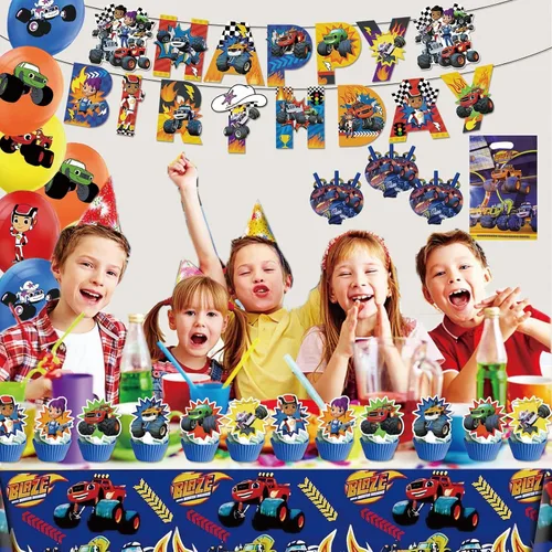 Vista 6 de 133 piezas de suministros para fiesta de cumpleaños de Monster Truck, incluye pancarta, bolsa de regalo, sopladores de fiesta, mantel, decoración