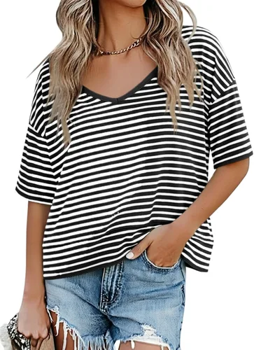 Vista 36 de Cicy Bell Camisetas de verano con cuello en V para mujer, casuales, de manga corta, holgadas, lindas camisetas básicas Caqui