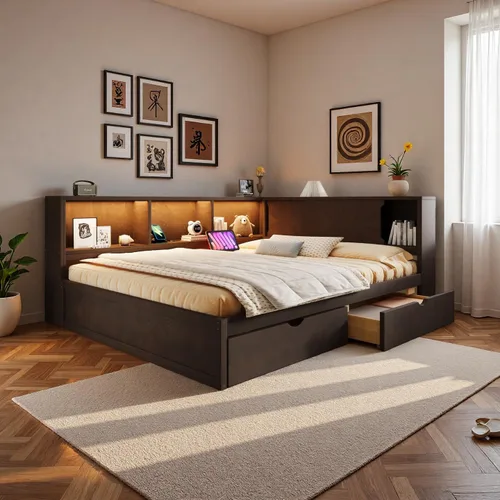 Vista 12 de SOFTSEA Sofá cama esquinera de tamaño matrimonial con nido y estantería, sofá cama en forma de L con luces LED y puertos USB, marco de cama Antique