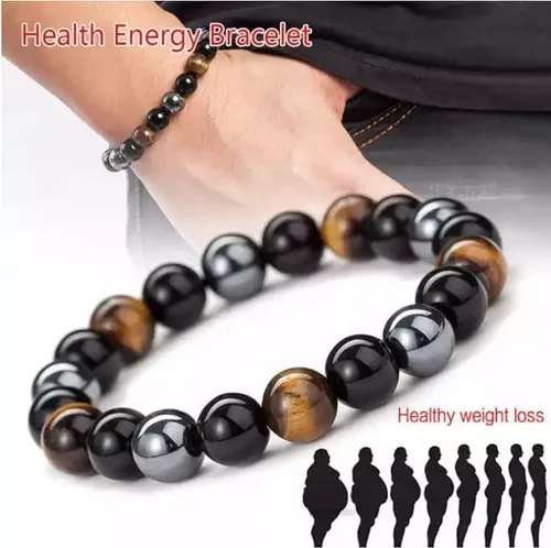 Vista 4 de InfinityAK - Pulsera elástica con cuentas de hematita y ojo de tigre de obsidiana negra
