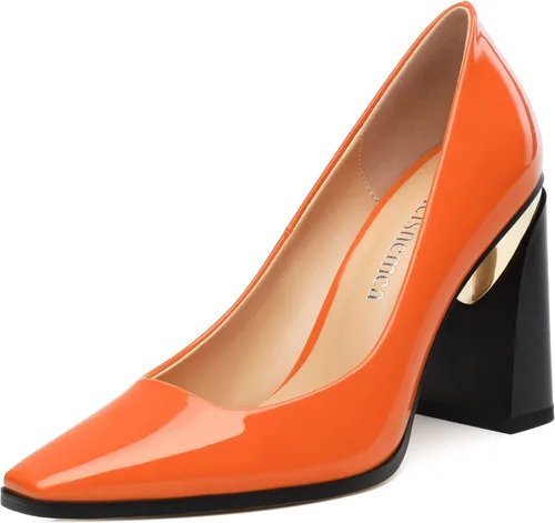 Vista 17 de Tacones altos para mujer, zapatos de vestir de tacón grueso con puntera cuadrada cerrada de patente, tacones elegantes, zapatos de vestir diarios
