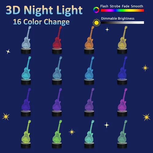 Vista 3 de Attivolife Lámpara de guitarra de regalo para guitarra eléctrica, luz nocturna 3D con control remoto + temporizador, lámpara de escritorio que