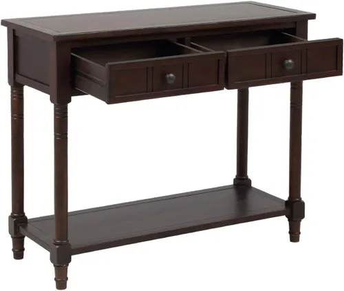 Vista 6 de Merax Mesa de sofá de madera maciza con 2 cajones de almacenamiento y estante inferior, mesa de consola para sala de estar, pasillo, espresso
