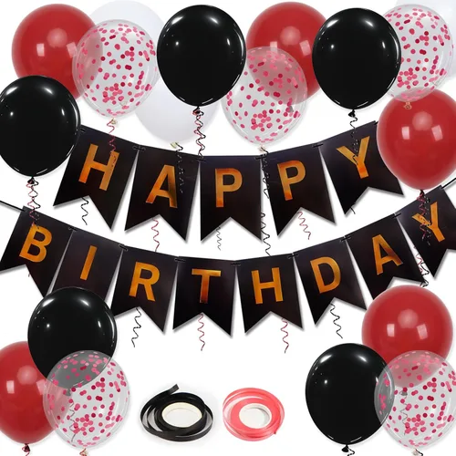 Vista 9 de Cartel de feliz cumpleaños, decoración de cumpleaños negro y dorado, 16 globos de 12 pulgadas con 2 cintas para hombres, mujeres, niñas y niños