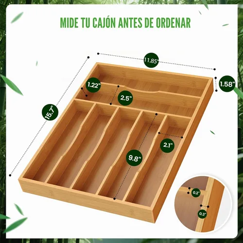Vista 3 de Organizador de cubiertos, soporte para utensilios de cajón de cocina (bambú, grande)