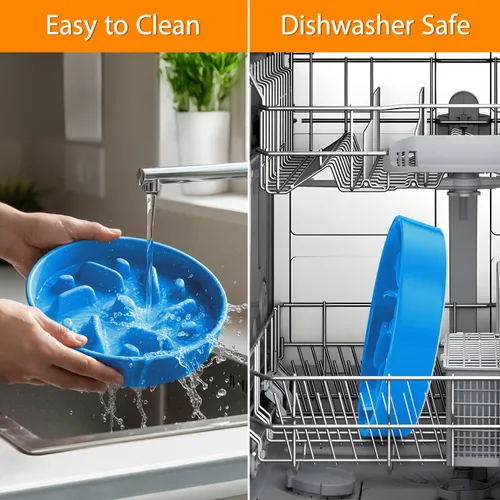 Vista 7 de Cuenco de cerámica para perros de alimentación lenta, 2 tazas de plato de Laberinto - Azul
