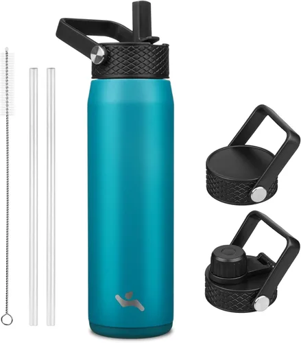 Vista 14 de Konokyo - Botella de agua aislada de 18 onzas, botellas deportivas de acero inoxidable con 3 tapas, verde militar