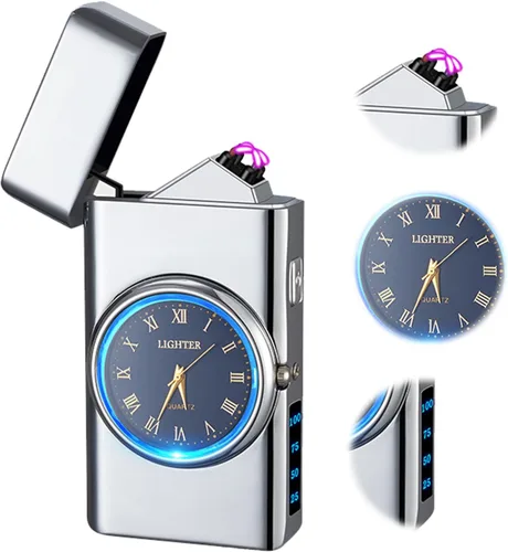Vista 7 de Encendedor USB recargable a prueba de viento con llama de arco doble, luz LED, pantalla fresca, diseño duradero, ideal para camping, senderismo