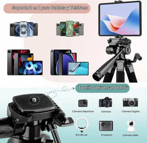 Vista 5 de Soporte de trípode para cámara, trípode de teléfono de 68 pulgadas para tableta con control remoto y soporte, trípode de viaje ligero y compacto