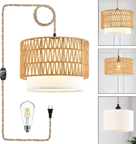 Vista 11 de ZECOXOL Lámpara colgante enchufable Fuente de alimentación enchufable, iluminación interior Ámbar-vidrio-capa única
