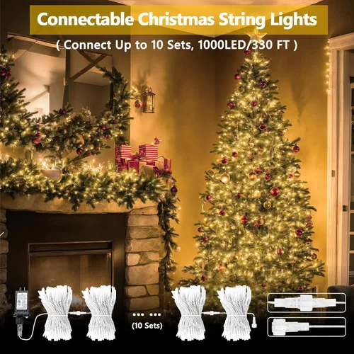Vista 2 de Guirnalda de 100 luces LED conectables para interiores y exteriores, luces de Navidad blancas cálidas de 33 pies, impermeables, 13 modos