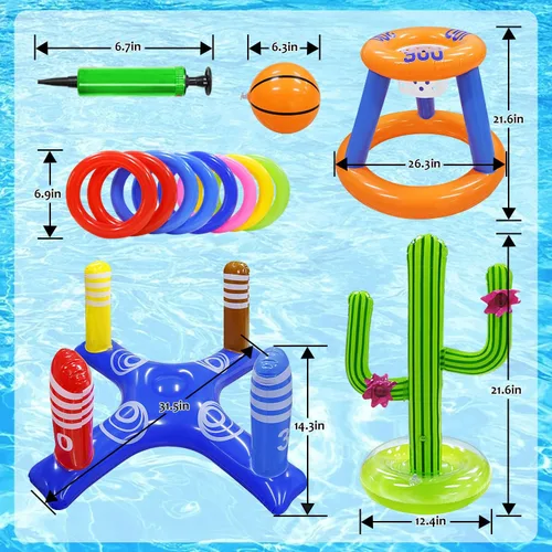 Vista 2 de Juego de juguetes de piscina, aro de baloncesto inflable para piscina, juego de lanzamiento de anillos cruzados y cactus inflables para niños