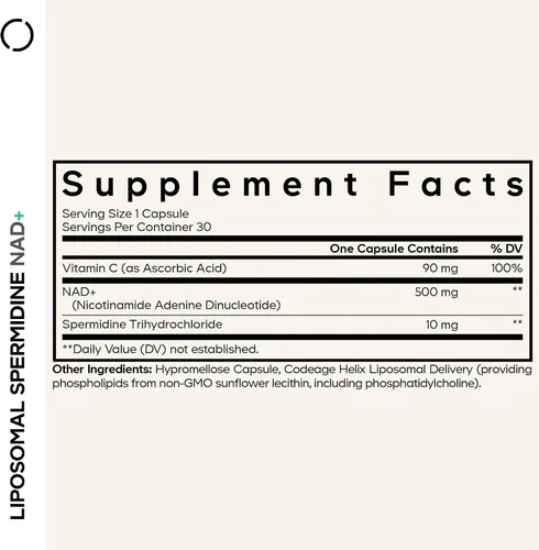 Vista 2 de Codeage Suplemento de espermidina liposomal NAD+ de espermidina - 500 mg de NAD+ vitamina C - Entrega liposomal - Píldoras de nicotinamida adenina