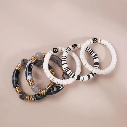 Vista 5 de Joya Love Brazalete de cuentas de verano con cara sonriente, ojo malvado, de bambú, acrílico, arcilla Heishi, pulseras de cuentas para mujer