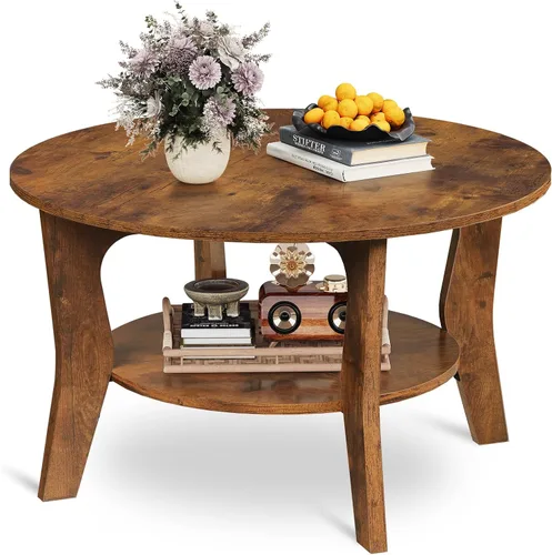 Vista 9 de WLIVE - Mesa de centro redonda, mesa de café pequeña de 32.6" con estante de almacenamiento, mesa de centro de madera de 2 niveles para sala