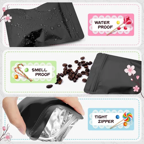 Vista 5 de FUNFERY 100 paquete de bolsas de embalaje de Mylar negras, bolsas resellables de doble cara, bolsas de cierre hermético a prueba de olores, bolsas