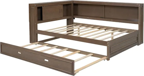 Vista 6 de SOFTSEA Sofá cama esquinera de tamaño matrimonial con nido y estantería, sofá cama en forma de L con luces LED y puertos USB, marco de cama Antique