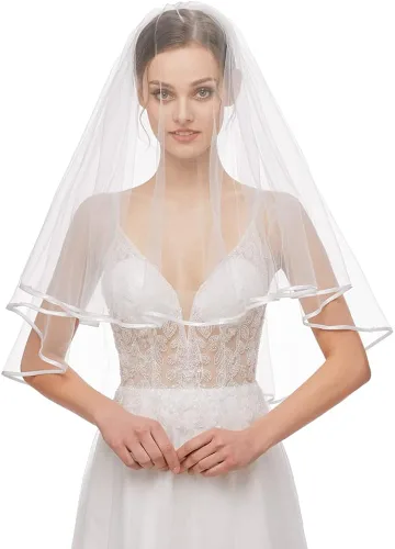 Vista 7 de Bridal Veil Womens Simple Tulle Short Wedding Veil Ribbon Edge with Comb for Wedding Bachelorette Party