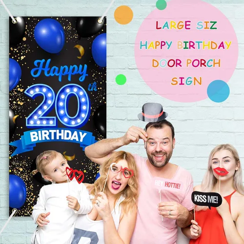 Vista 5 de Cartel de fondo azul y negro de feliz cumpleaños número 20, decoración temática de globos de confeti para niñas y mujeres de 20 años, decoraciones