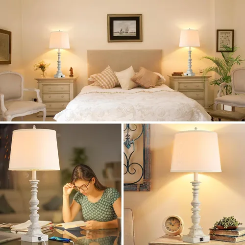 Vista 7 de Juego de 2 lámparas de mesa de granja de 27.5 pulgadas, lámparas rústicas de dormitorio para mesita de noche con carga USB doble, lámparas