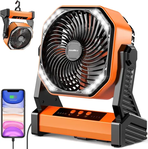 Vista 9 de Ventilador de camping de 20000 mAh, recargable, funciona con batería con gancho giratorio de 360°, luz de 400 lúmenes, pivote de 270°, 4