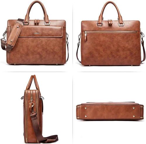 Vista 7 de CLUCI Maletines de cuero de cera de aceite para mujer, delgado, grande, para negocios, 15.6 pulgadas, bolsa de hombro vintage para hombre