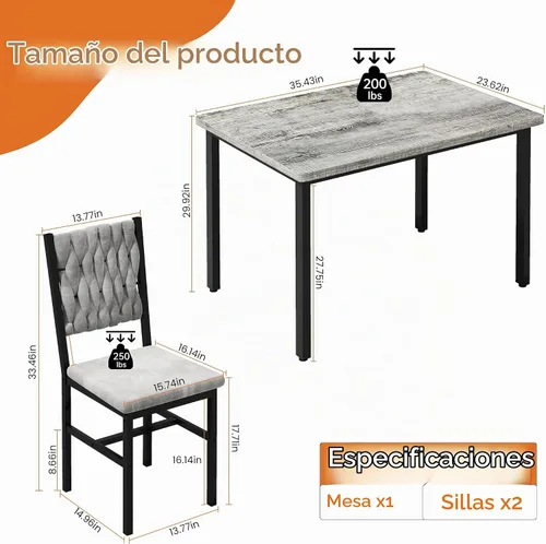 Vista 2 de AWQM Juego de mesa de comedor de 3 piezas para 2, mesa de comedor pequeña de cocina con sillas tapizadas, juego de mesa de comedor compacto para Gris