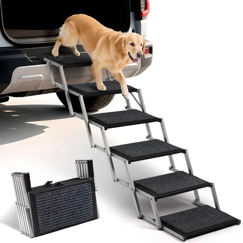 Vista 11 de Escaleras plegables para perros grandes, con superficie antideslizante, rampa ligera con capacidad para hasta 250 libras, 5 escalones